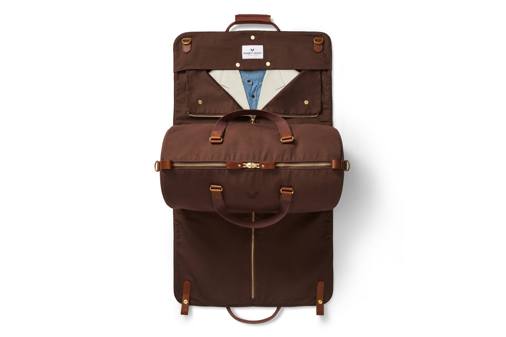 garment bag and duffel bag open view in brown suede