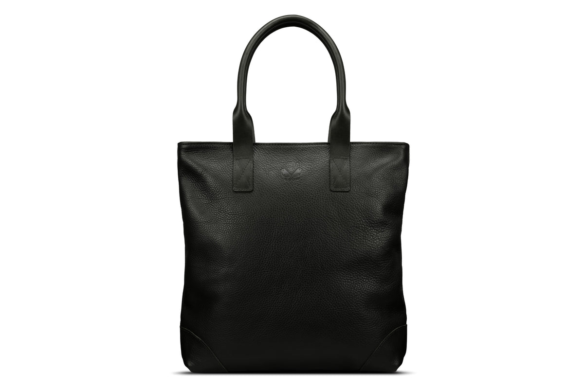 front view of black leather tote
