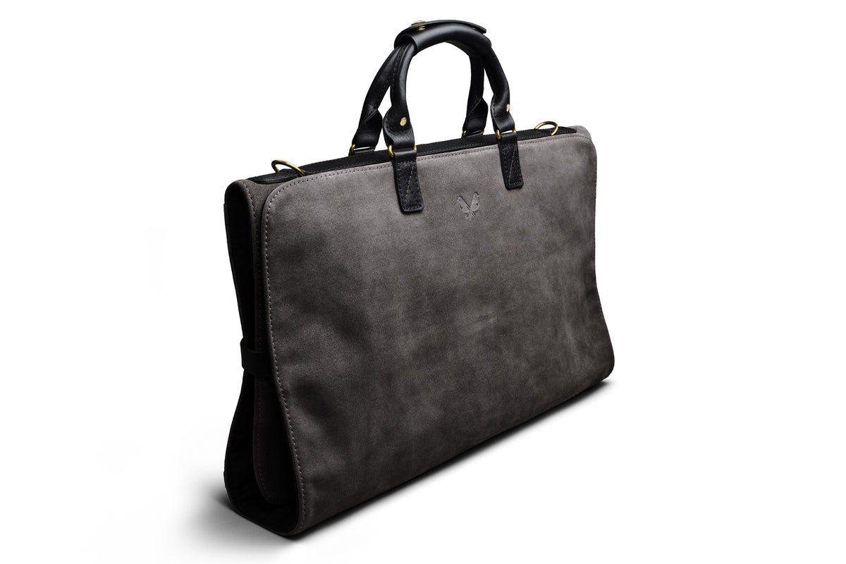 side view of Bennett Winch grey suede trifold