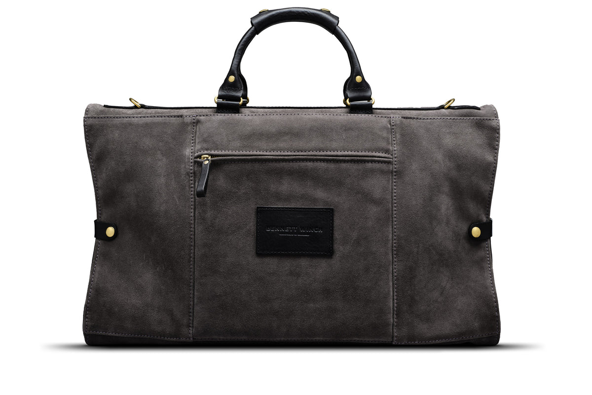 back view of grey suede trifold
