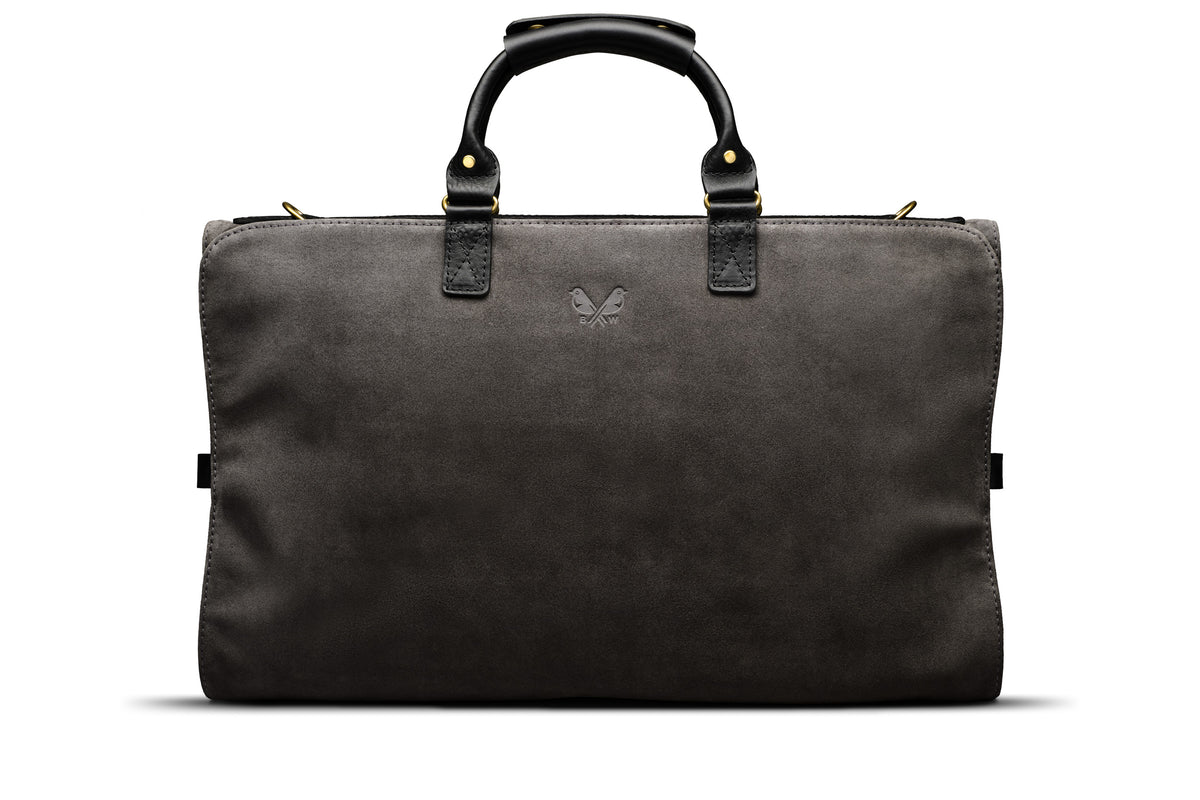 front view of grey suede trifold