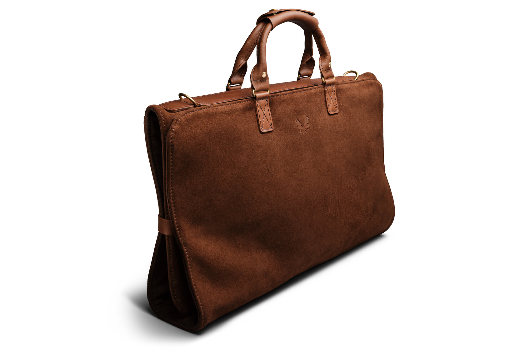 side view of brown suede trifold 