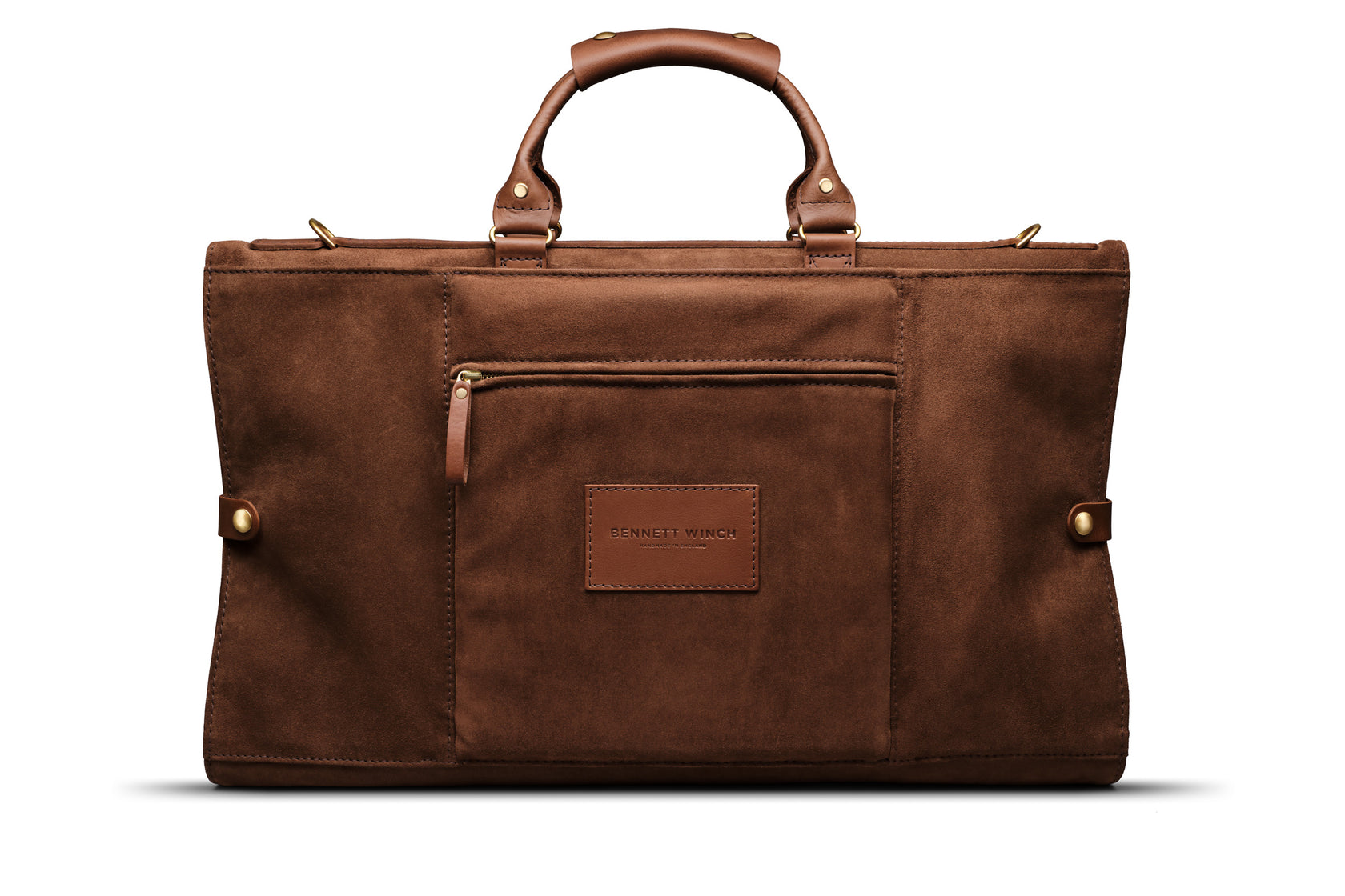 back view of brown suede trifold
