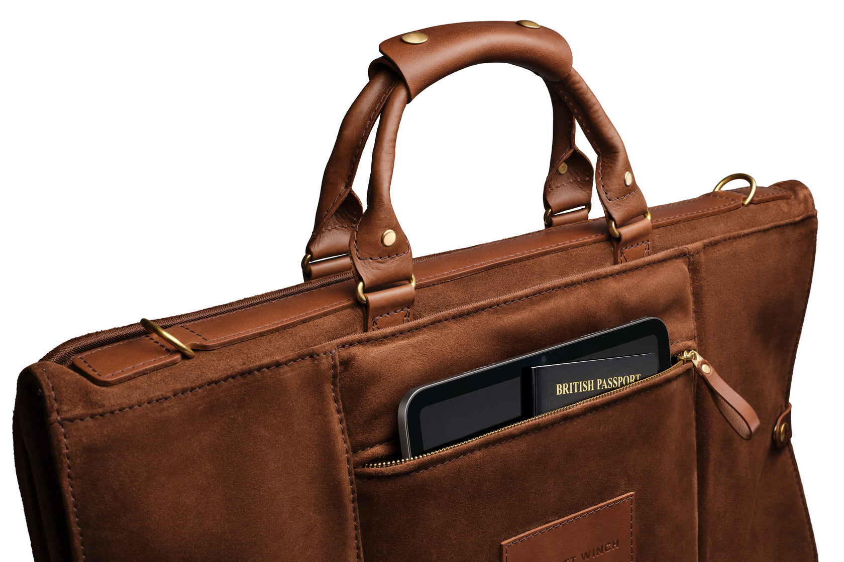view of back storage pocket on the brown suede trifold