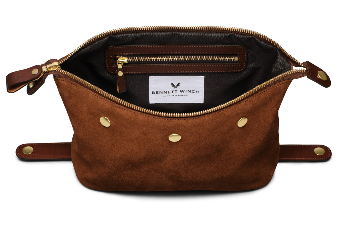 Luxury brown suede toiletry bag with zipper inside 