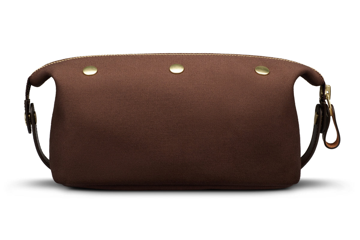 backside of quality brown canvas wash bag