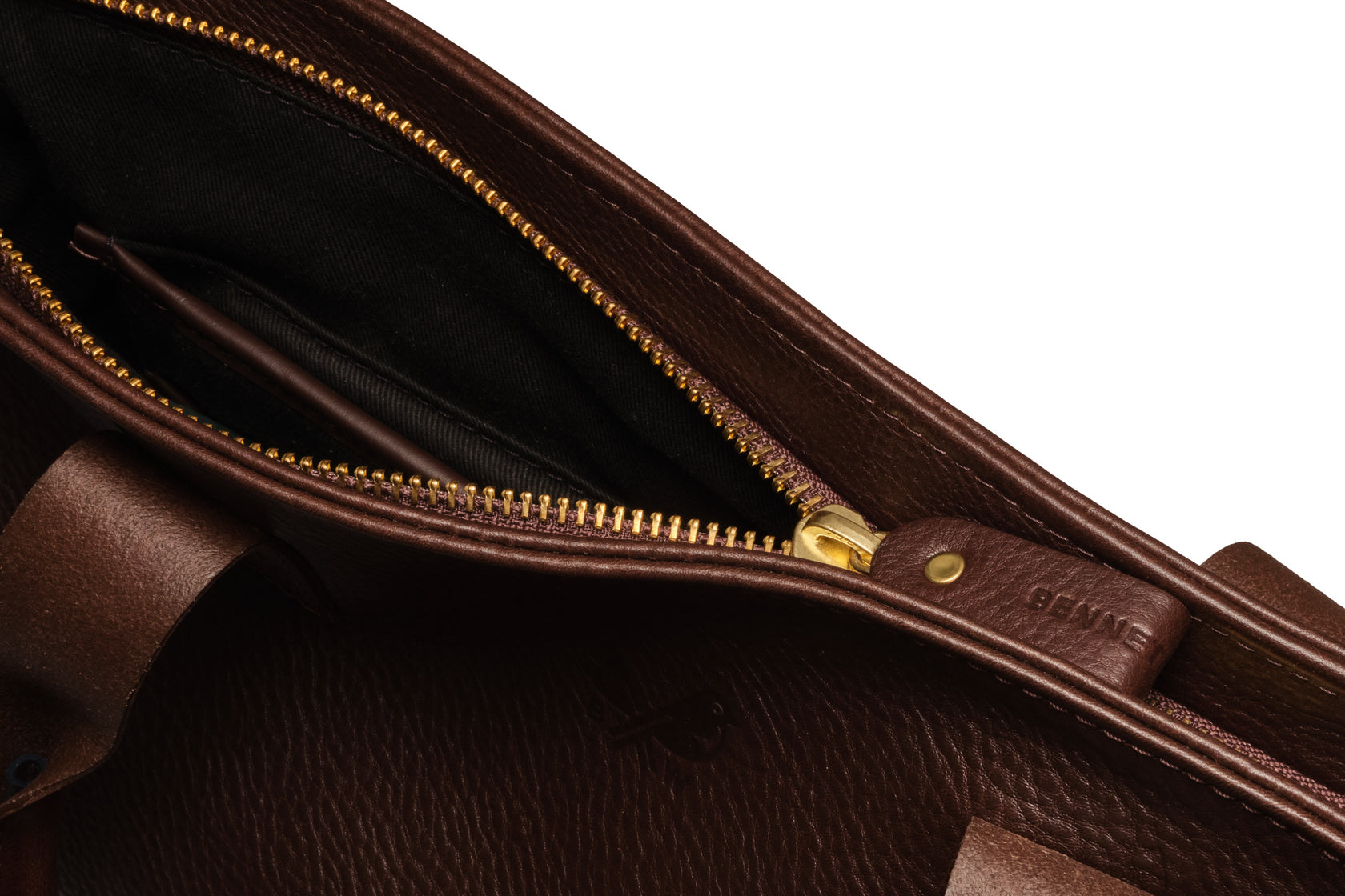 zip closure and leather handle 