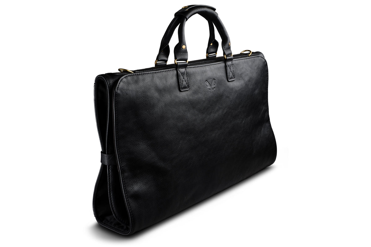side view of black leather trifold