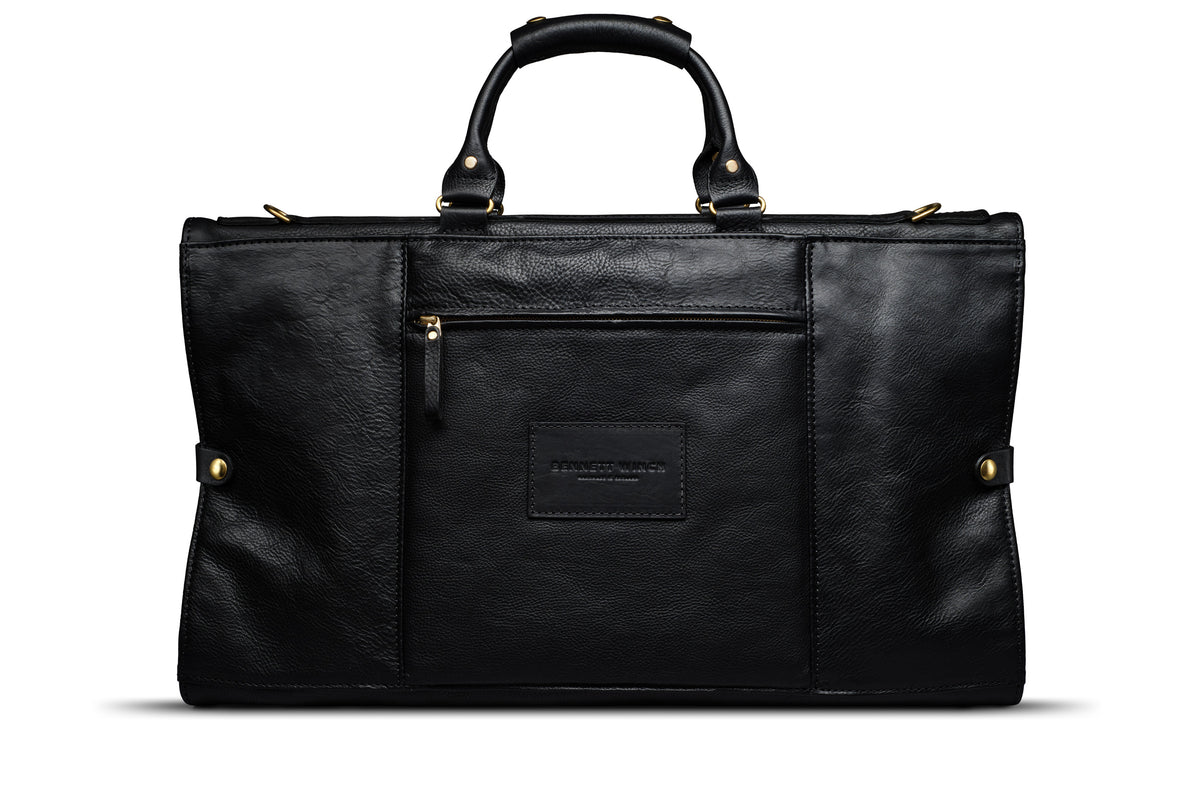 back side of black leather trifold