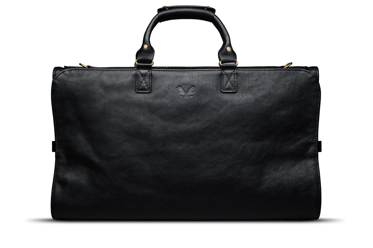 front view of black leather trifold
