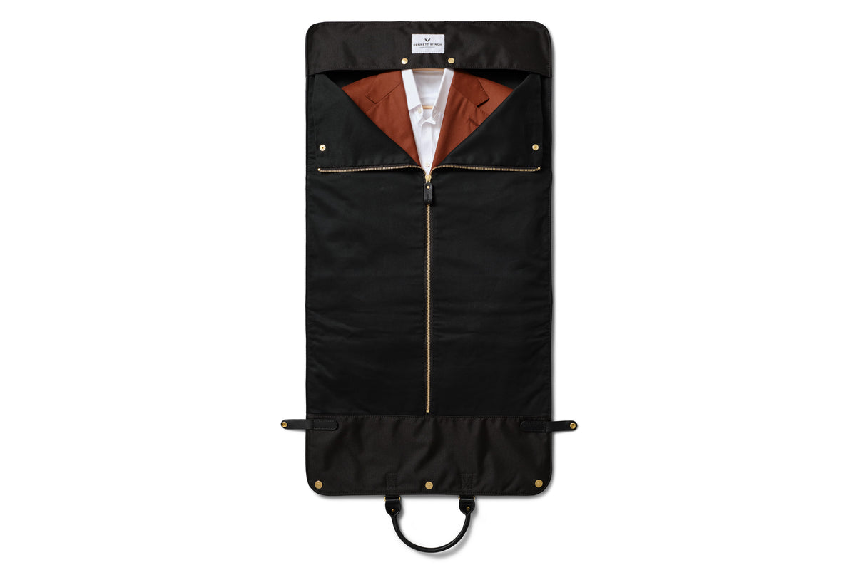 the black leather trifold laid out and zipped halfway