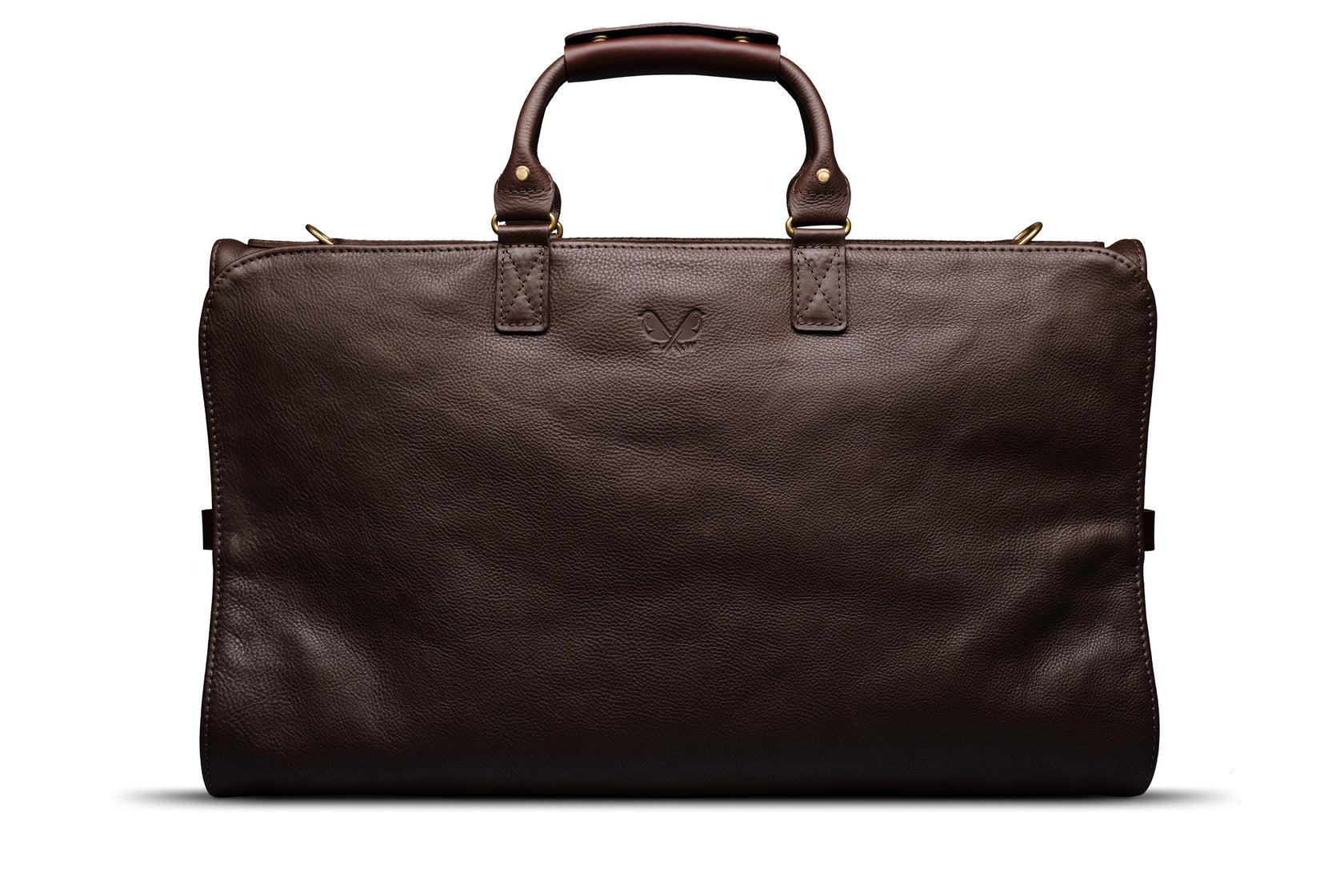 front view of brown leather trifold