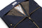 navy trifold opened with a suits inside