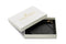 Open white Bennett Winch box, inside is a black leather luggage tag and leather strap with buckle.