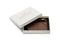 Open white box labeled "Bennett Winch" with brown luggage tag and leather strap with buckle fastening inside.
