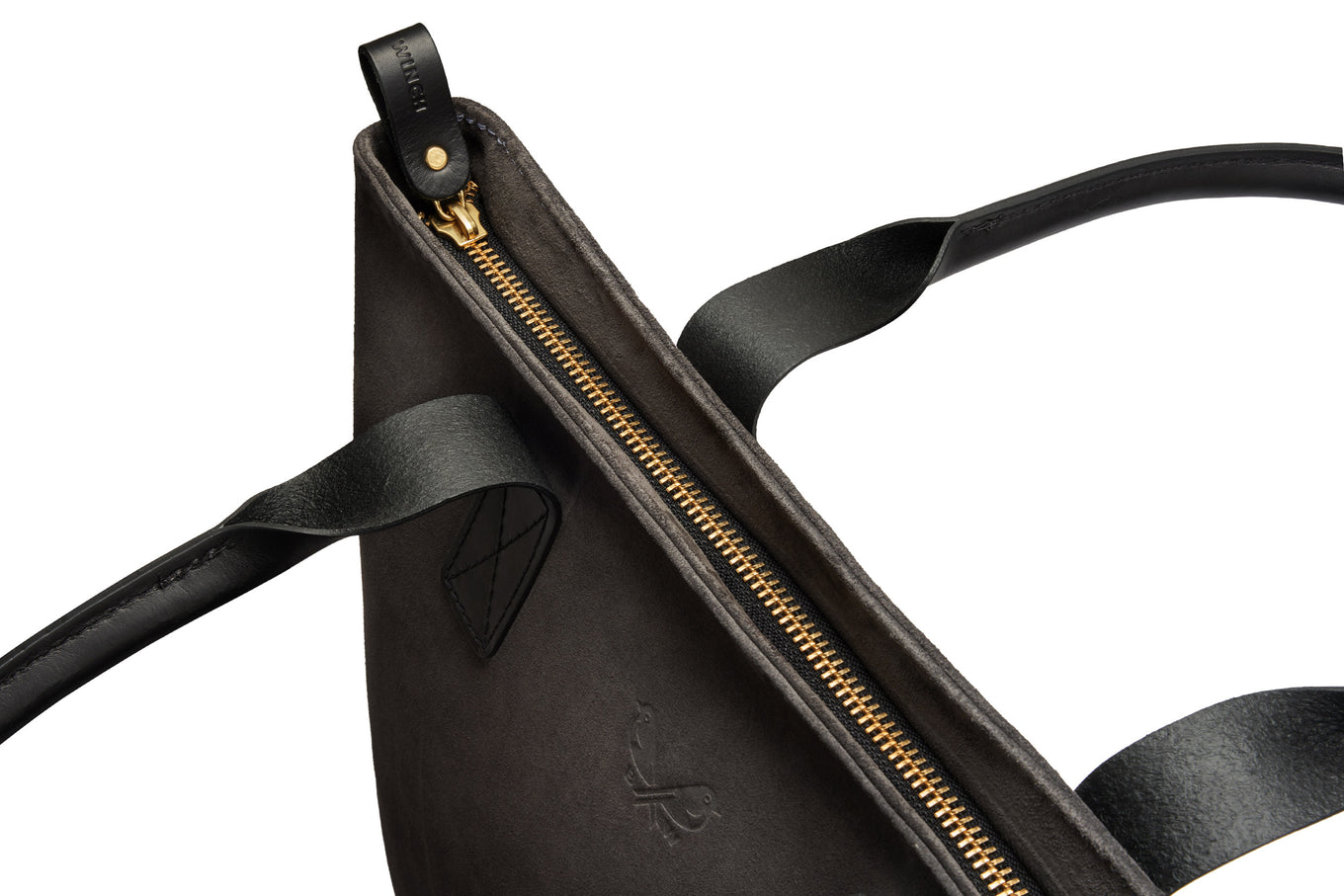 overhead view the tote's zipper top on grey suede tote