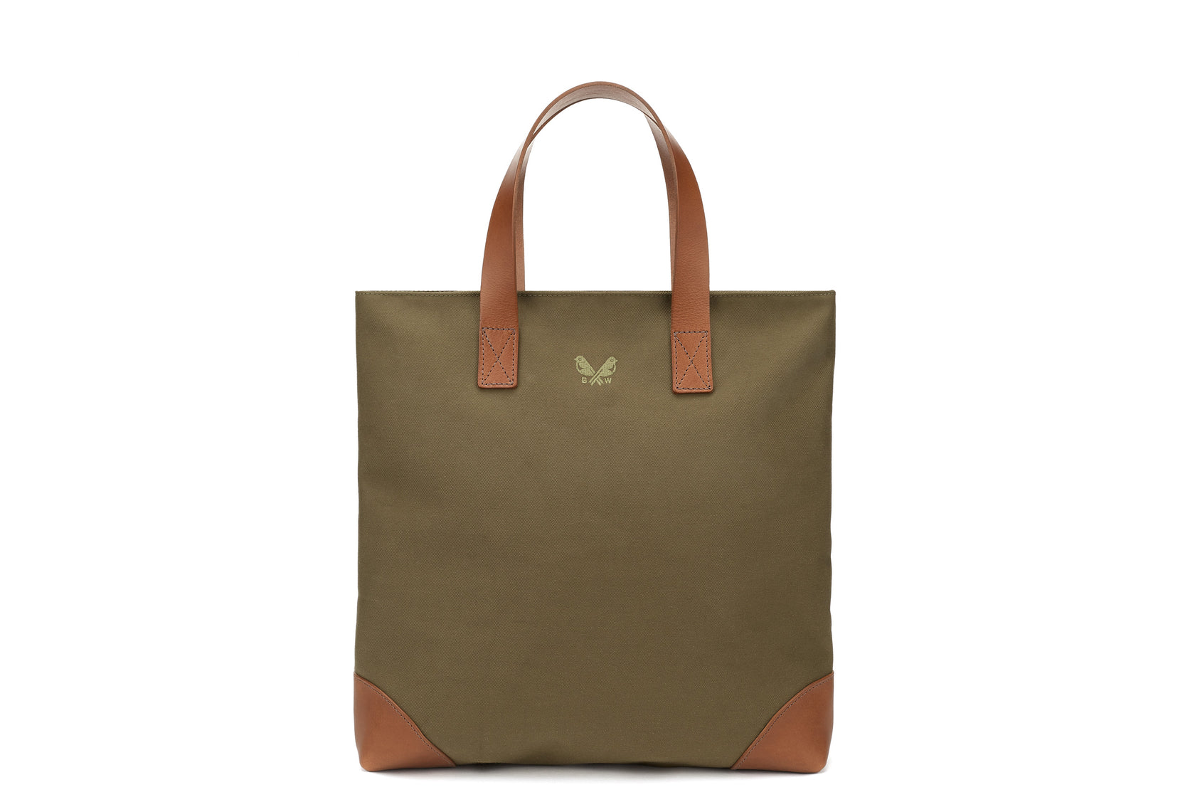 Green canvas tote with brown leather accents