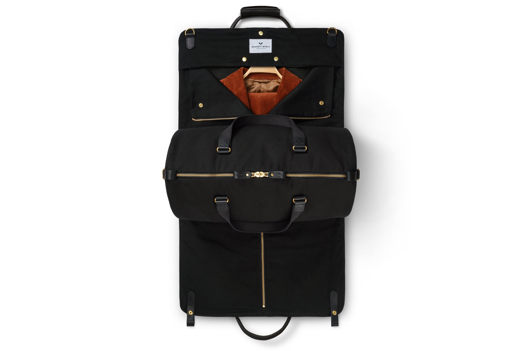 garment bag and duffel bag open view in grey