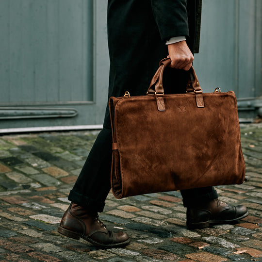 Brown Suede Suit Carrier for 3 Suits | Luxury Garment Bag
