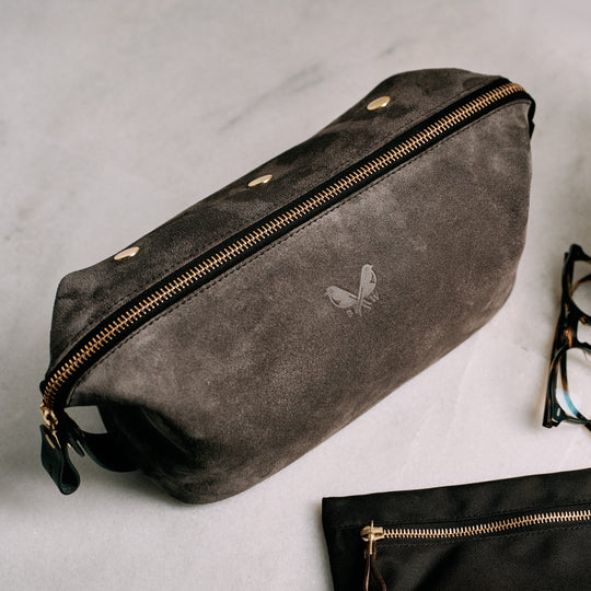 Grey Suede Wash Bag / Dopp Kit | Luxury Toiletry Bag