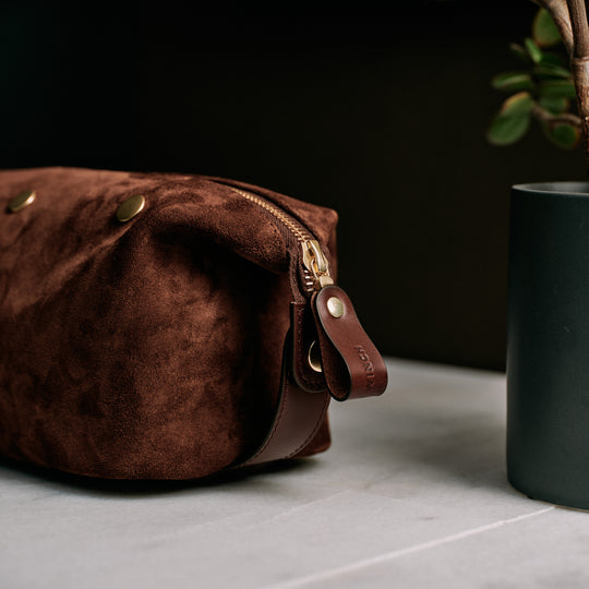 Brown Suede Wash Bag / Dopp Kit | Luxury Toiletry Bag