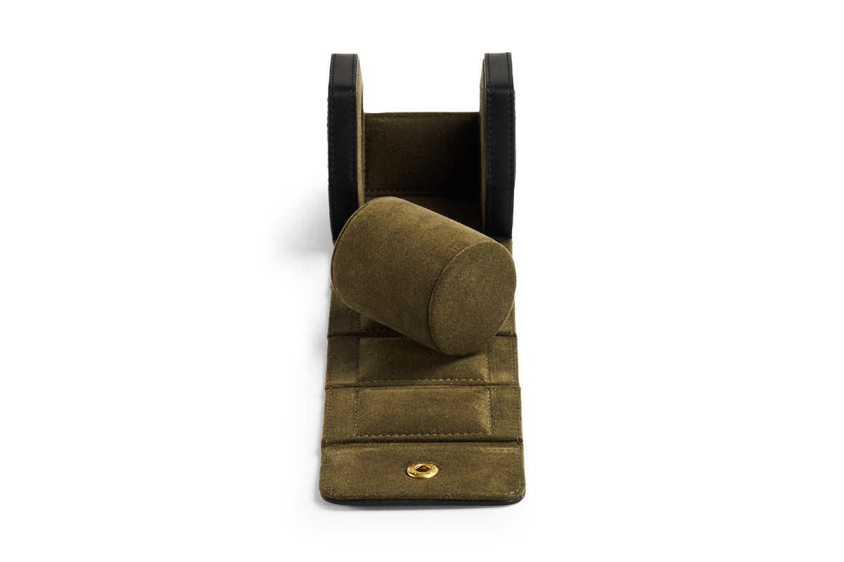 Black leather single watch roll open with removable section