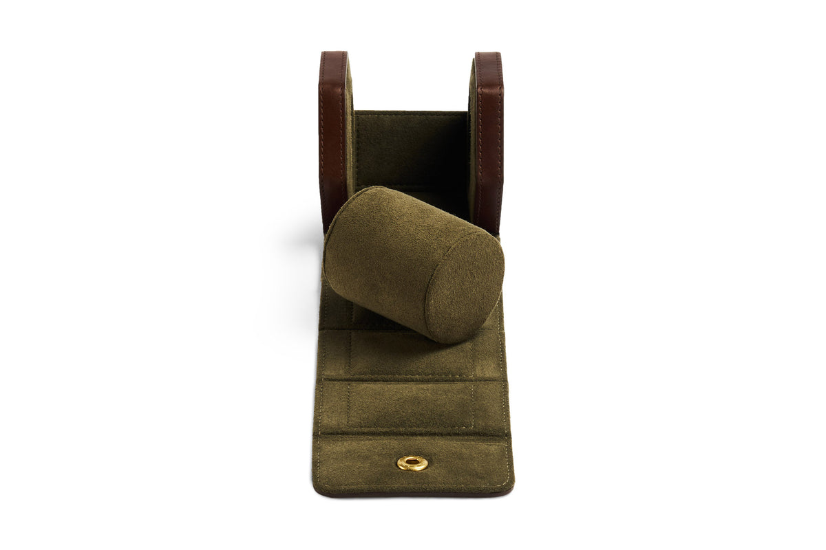 Brown leather single watch roll open with removable section