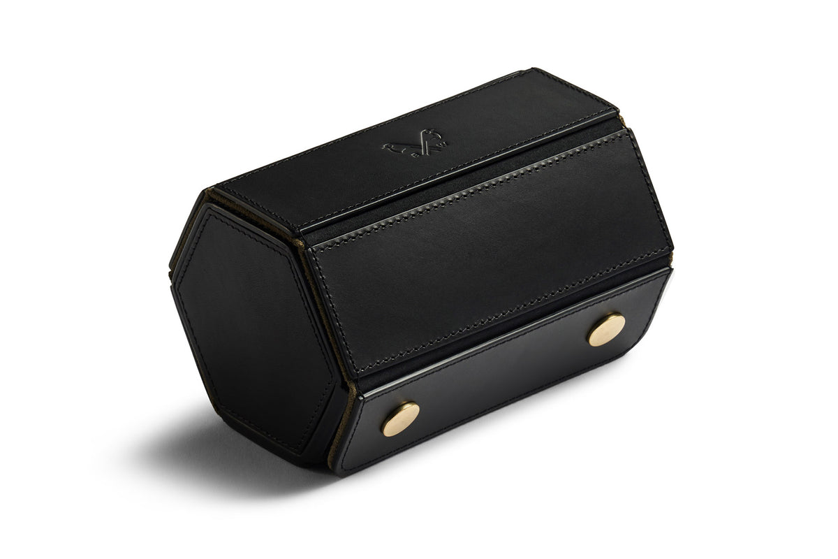 front view of luxury two section black leather watch roll