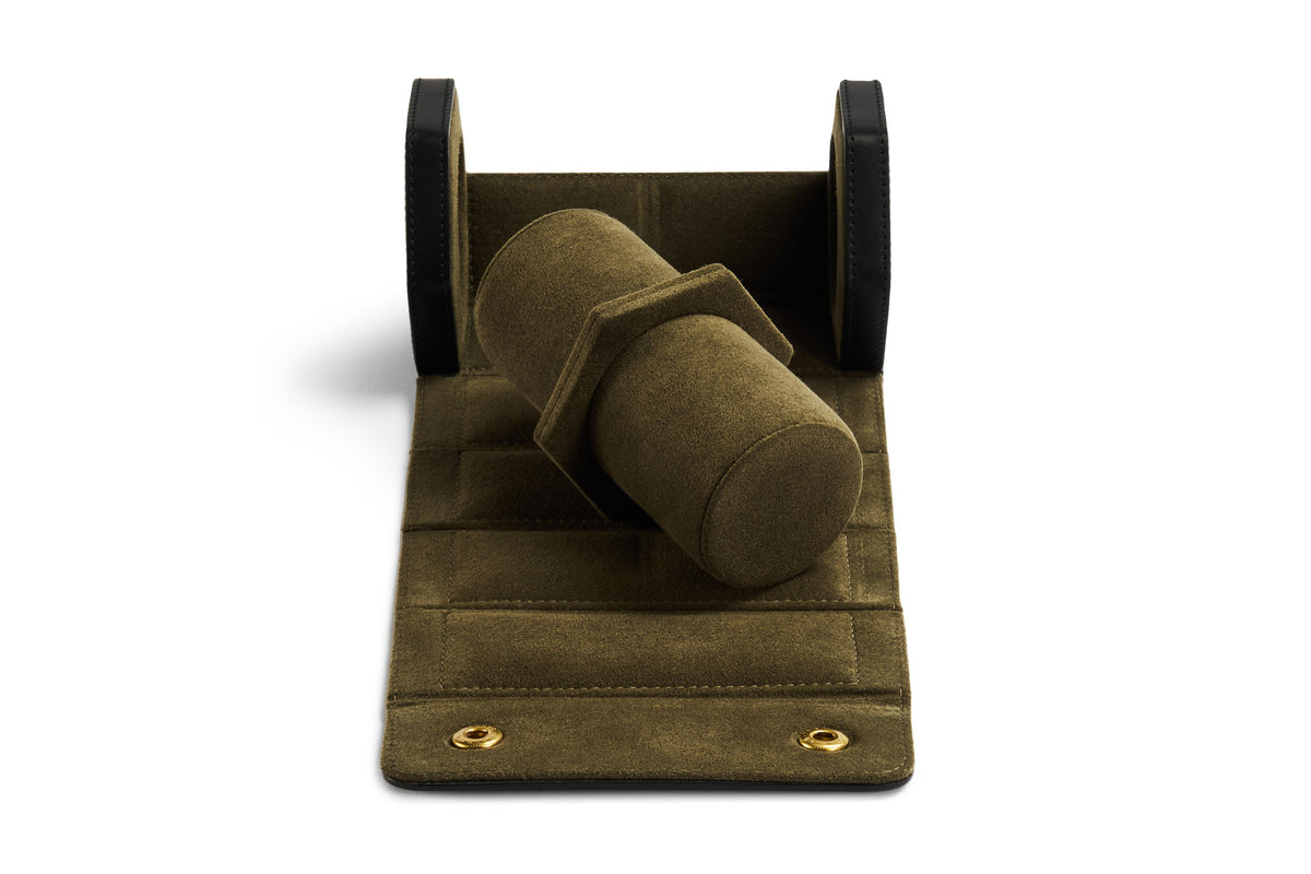 Black leather double watch roll open with removable green suede section