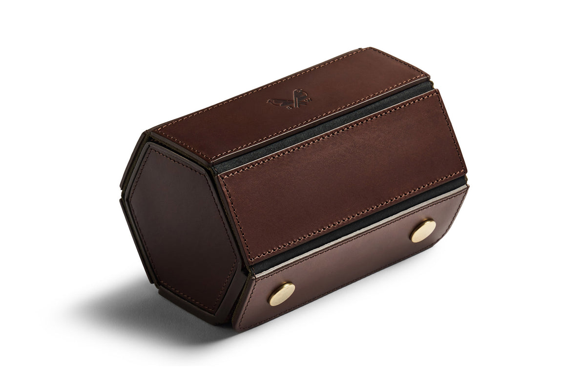 front view of luxury brown leather watch roll