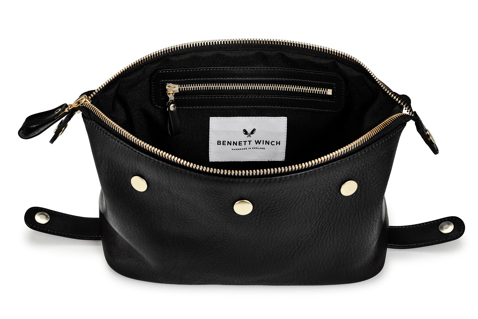inside of black leather toiletry bag