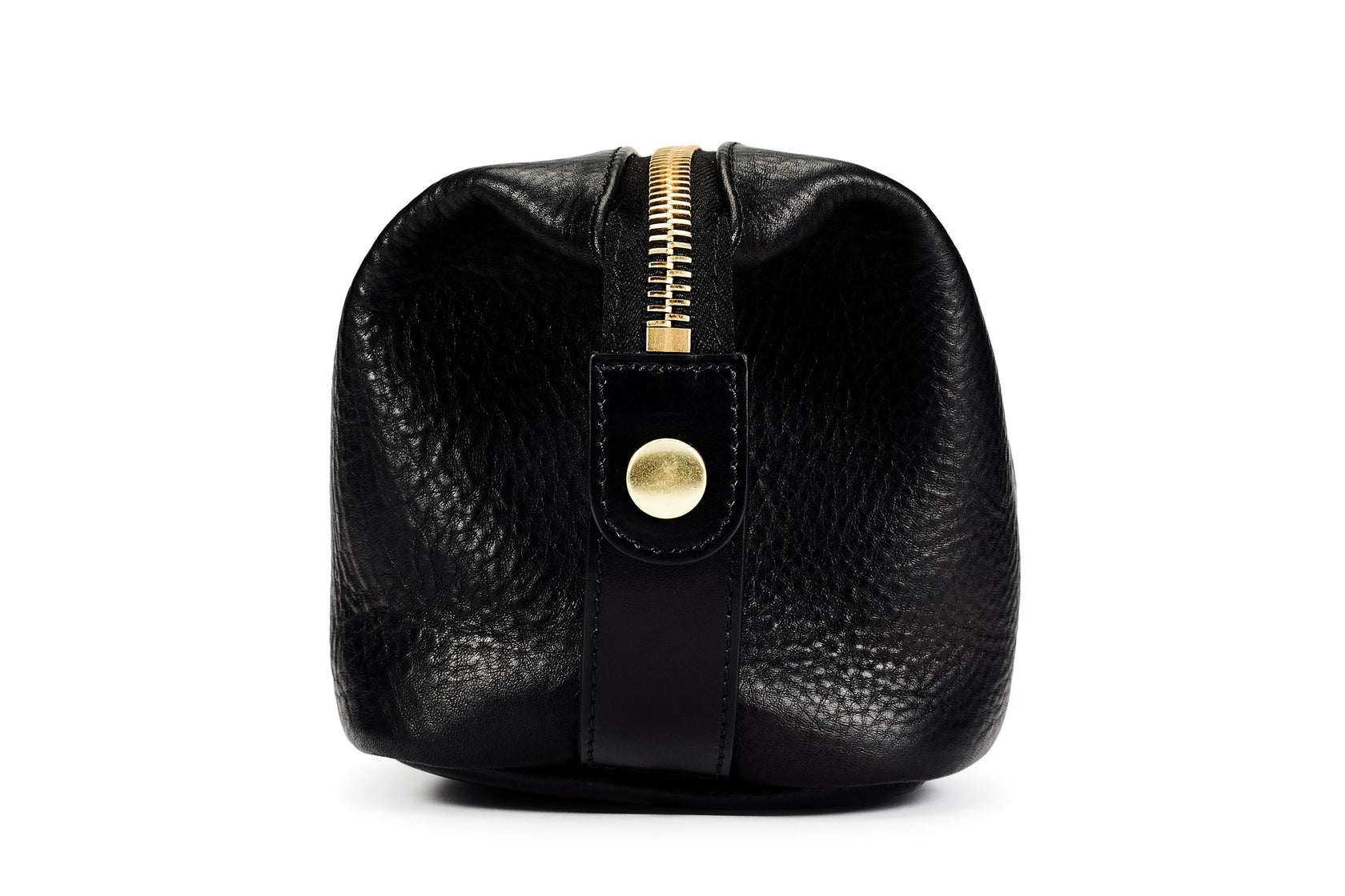 side view of black leather dopp kit