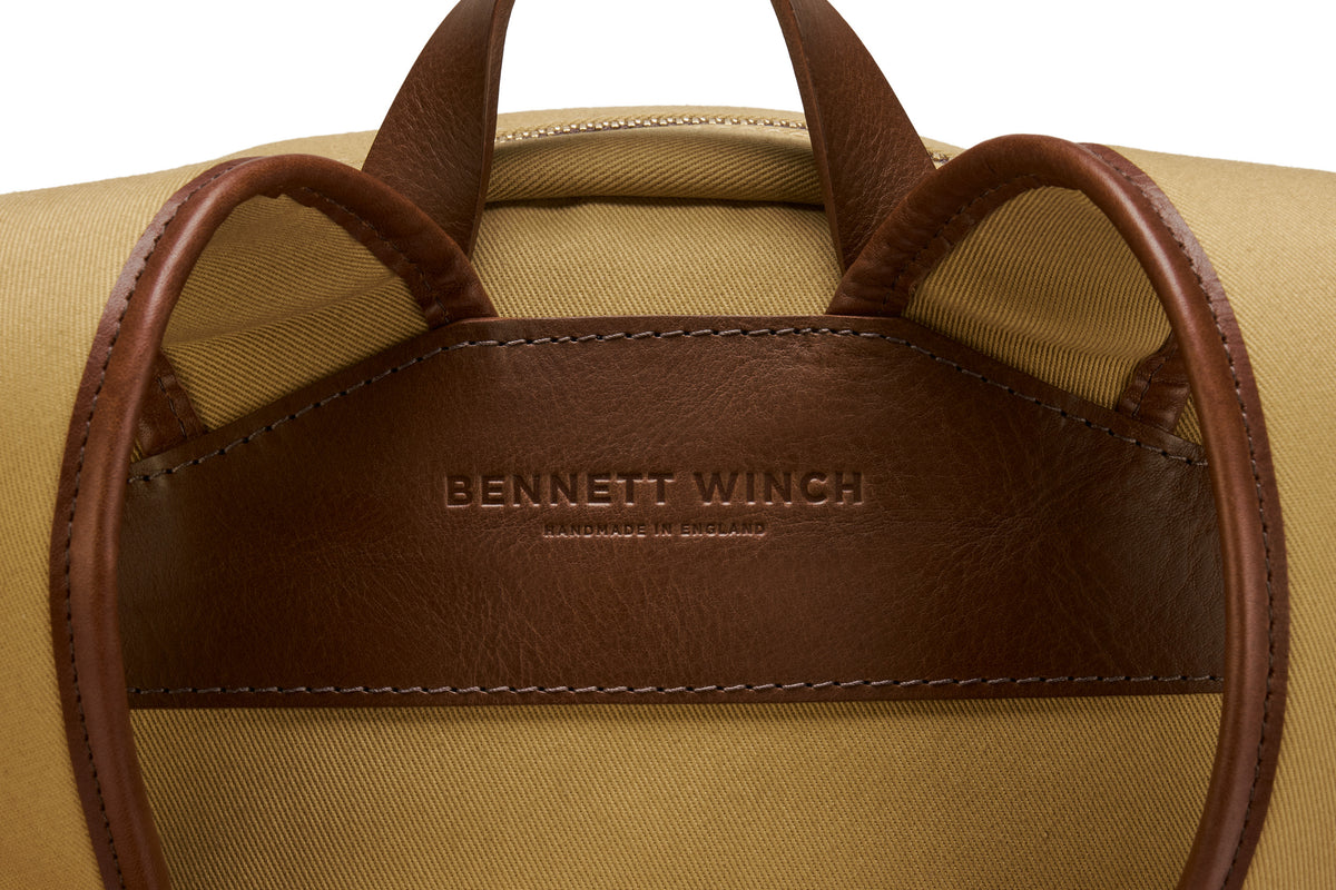 the Bennett Winch branding on the leather on the backside of the backpack 