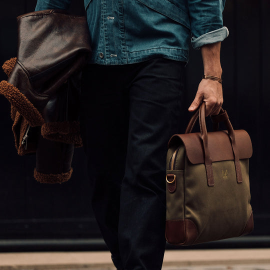 Olive Canvas Briefcase | Padded Laptop Sleeve