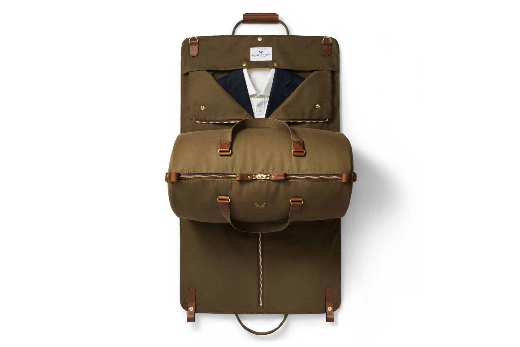 garment bag and duffel bag open view in green