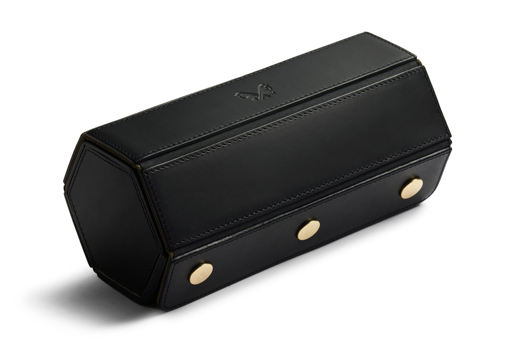 front view of luxury three section black watch roll