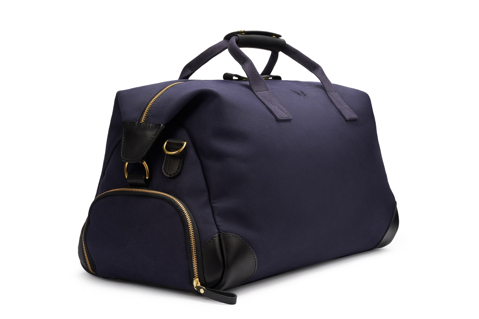 navy men's weekender bag side view with shoe compartment