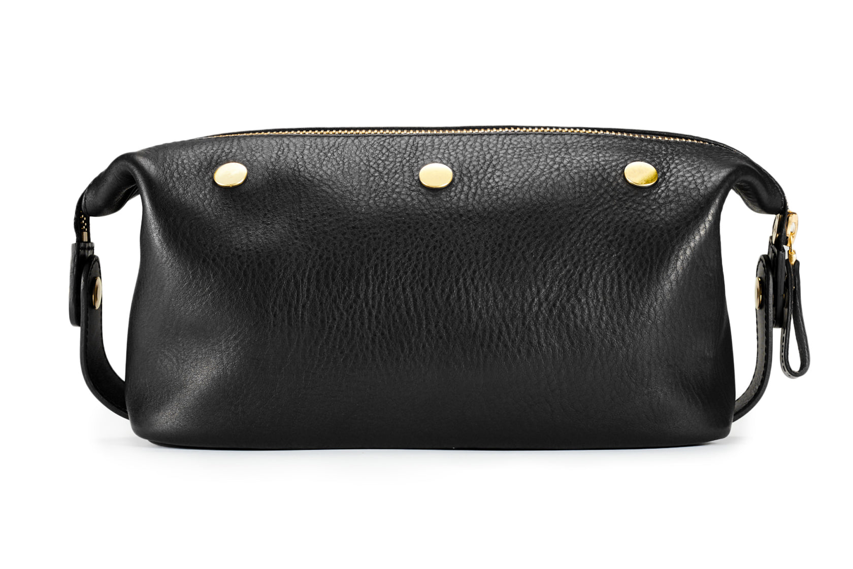 backside of bennett winch black leather wash bag