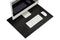 The black leather desk mat set up with a full iMac, keyboard and mouse
