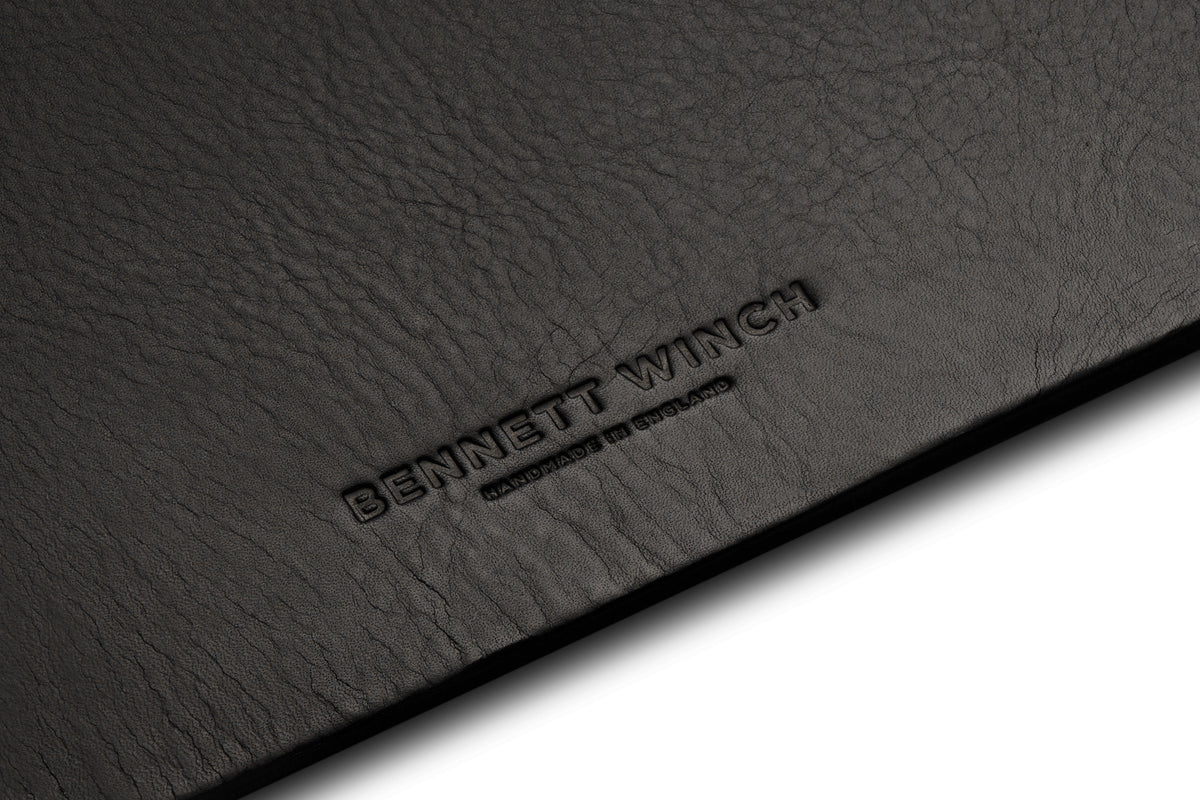 A shot showing the suede underside of the black leather desk blotter 