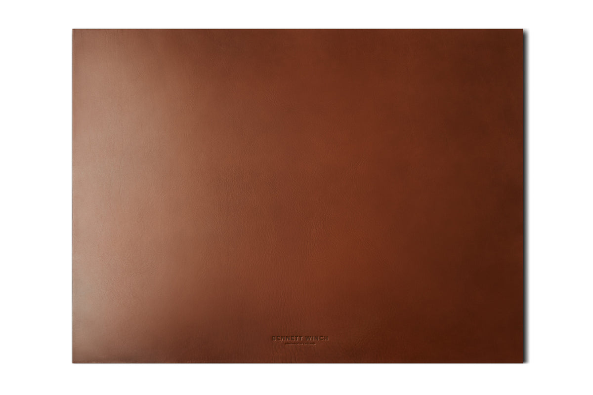 Italian veg-tanned leather desk mat in light tobacco brown