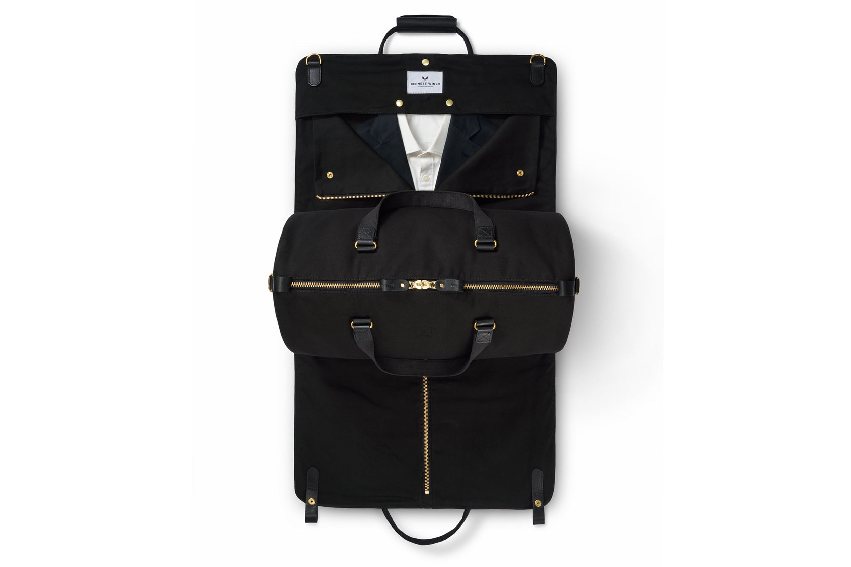 garment bag and duffel bag open view in black