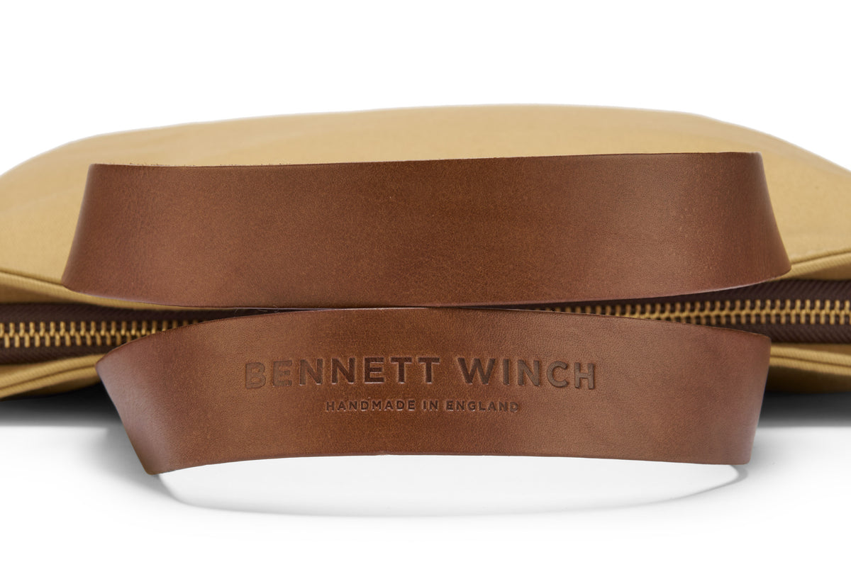 Bennett Winch name pressed into quality leather handle of the tote