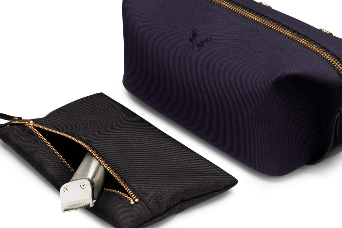navy wash bag with removable wet compartment