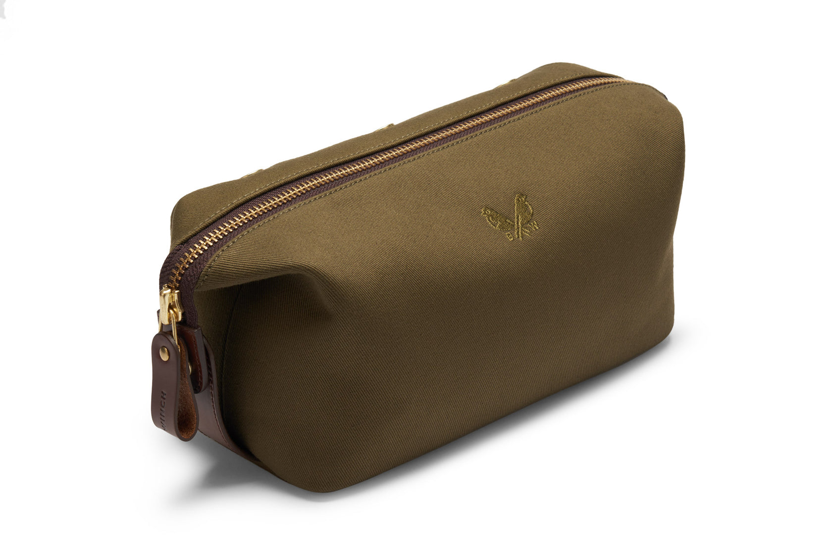 side view of luxury green canvas dopp kit