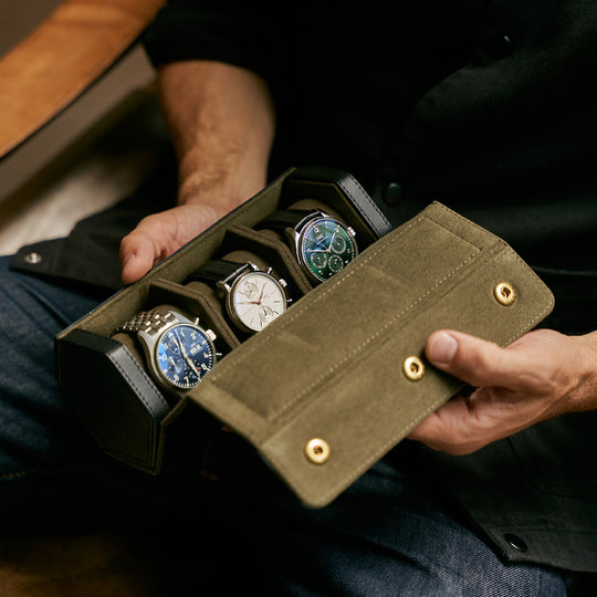 Triple Watch Roll | Black Leather Travel Watch Case