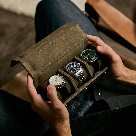 パンチョ Brown Leather Watch Roll | Triple Travel Watch Case for Men